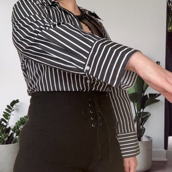 Charter Club Retro Striped Unisex Goth Plus Button Up Black White 16 - Picture 2 of 10